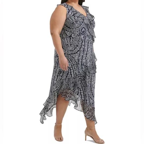 Tommy Hilfiger Plus Size Ruffled Printed Midi Dress Black White Women’s Sz 22W - Picture 3 of 10
